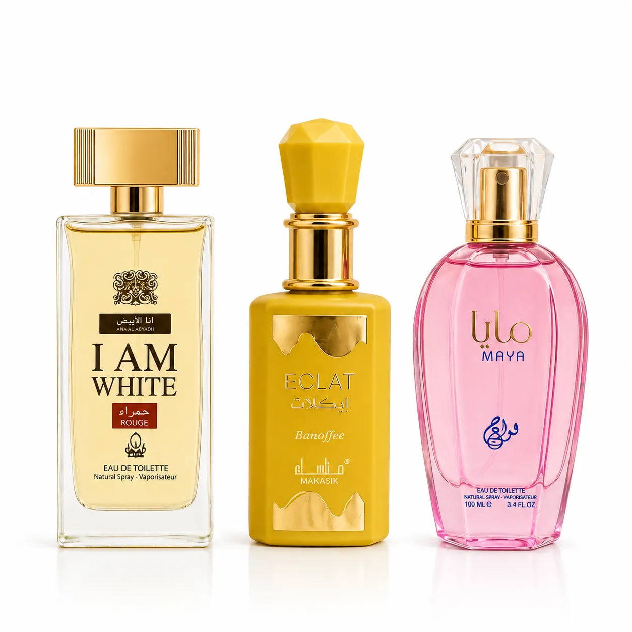 Set 3 Parfumuri Arăbești Damă – Eclat Banoffee + I Am White + Maya (100 ml x 3)