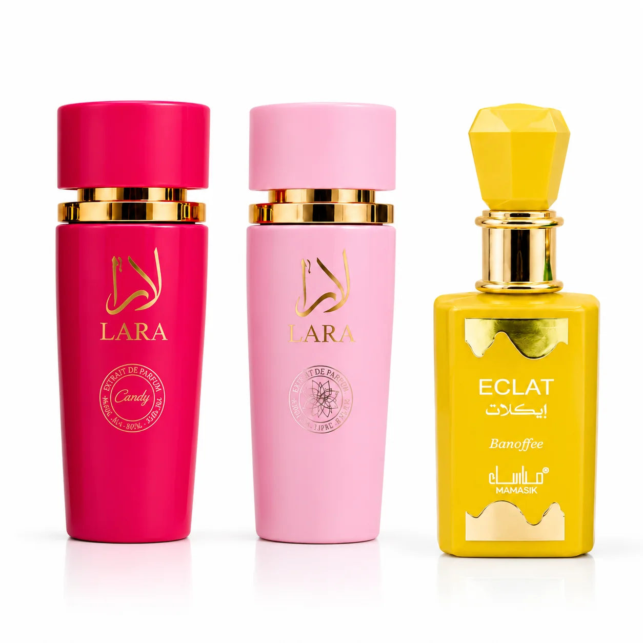 Set 3 Parfumuri Arăbești Damă – Lara Candy + Lara Pink + Eclat Banoffee (100 ml x 3)