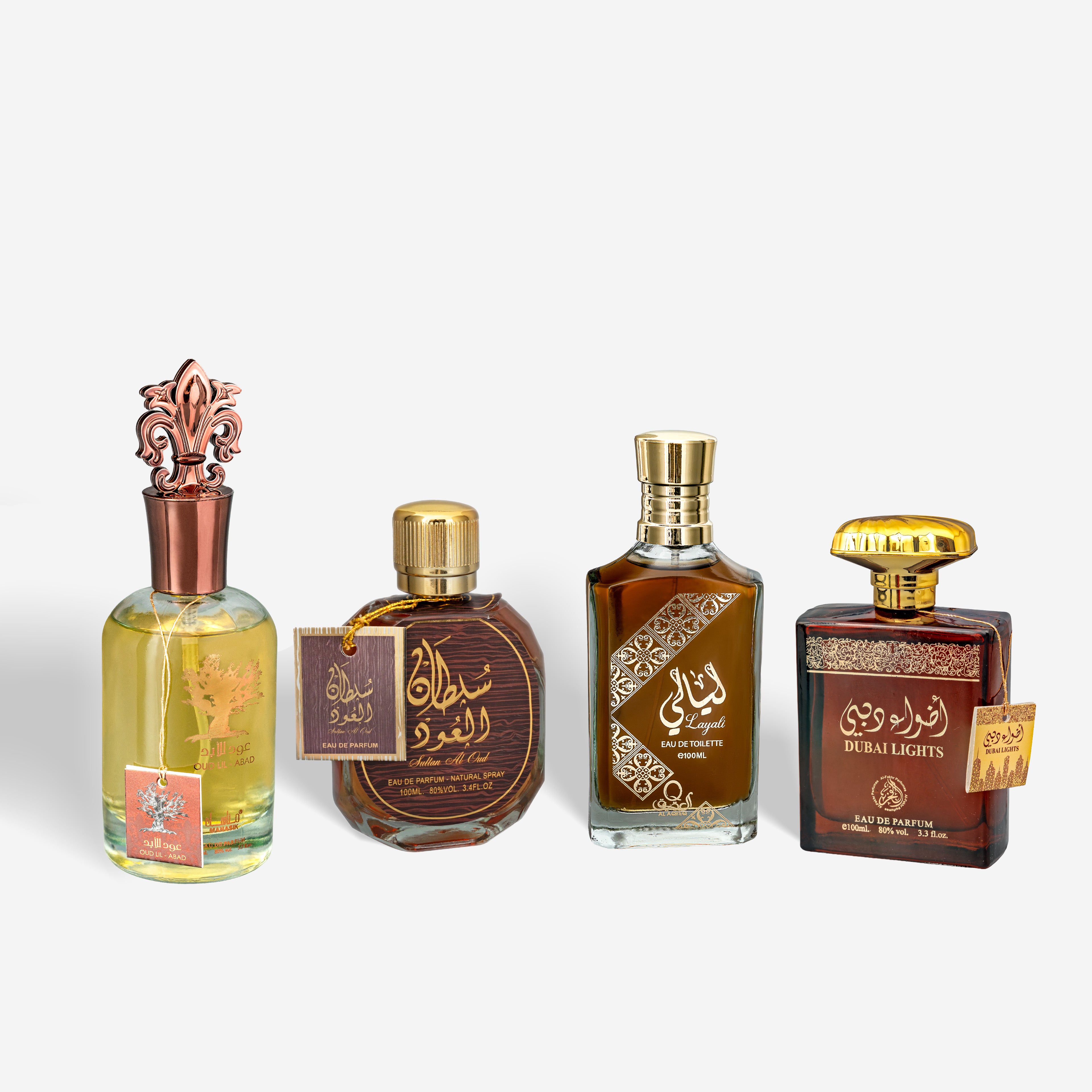 Set 4 Parfumuri Arăbești – Oud Lil Abad + Sultan Al Oud + Layali & Dubai Lights (2 damă + 2 bărbați)