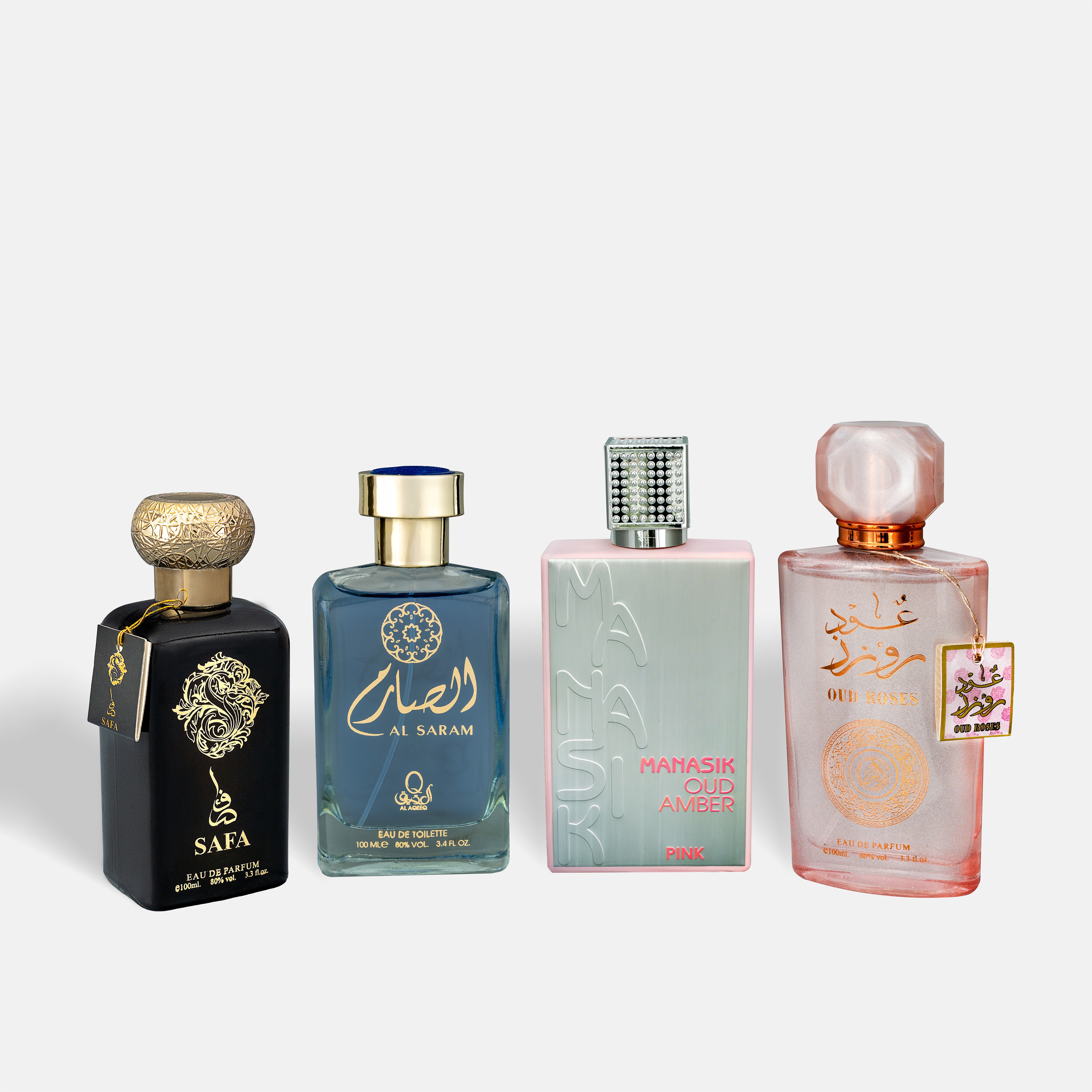 Set 4 Parfumuri Arăbești – Safa + Al Saram + Oud Amber Pink & Oud Roses (2 Bărbați + 2 Damă)