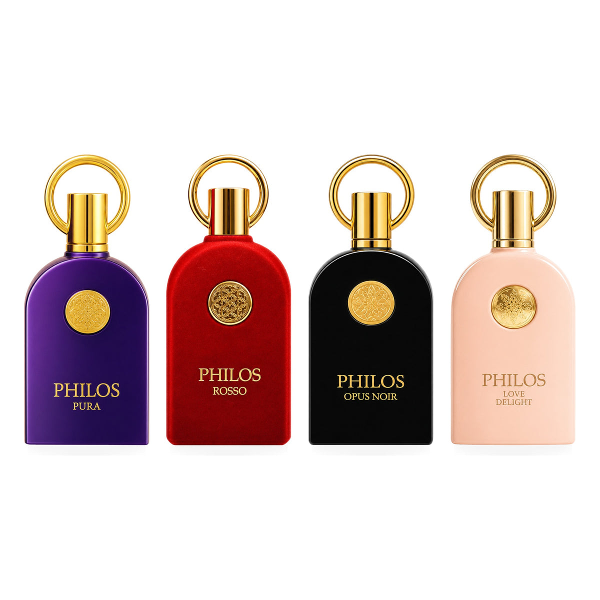 Set 4 Parfumuri Arăbești Bărbați + Damă – Philos Pura, Philos Rosso, Philos Opus Noir & Philos Love Delight (100 ml x 4)
