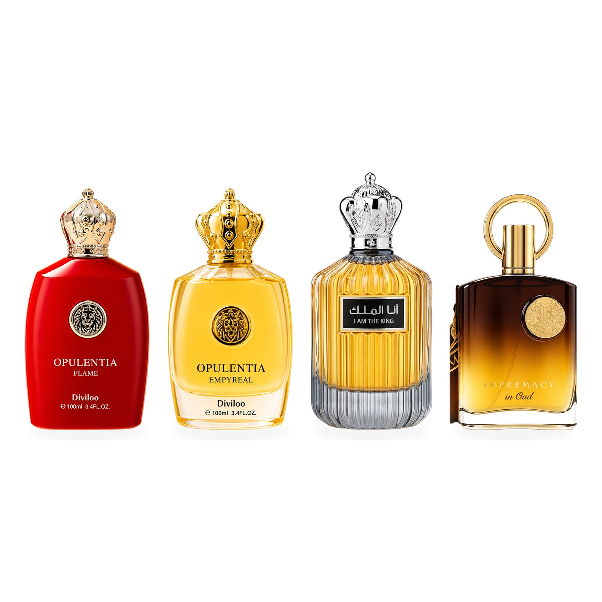 Set 4 Parfumuri Arăbești Bărbați + Damă – Opulentia Flame, Opulentia Empyreal, I Am The King & Supremacy in Oud (100 ml x 4)
