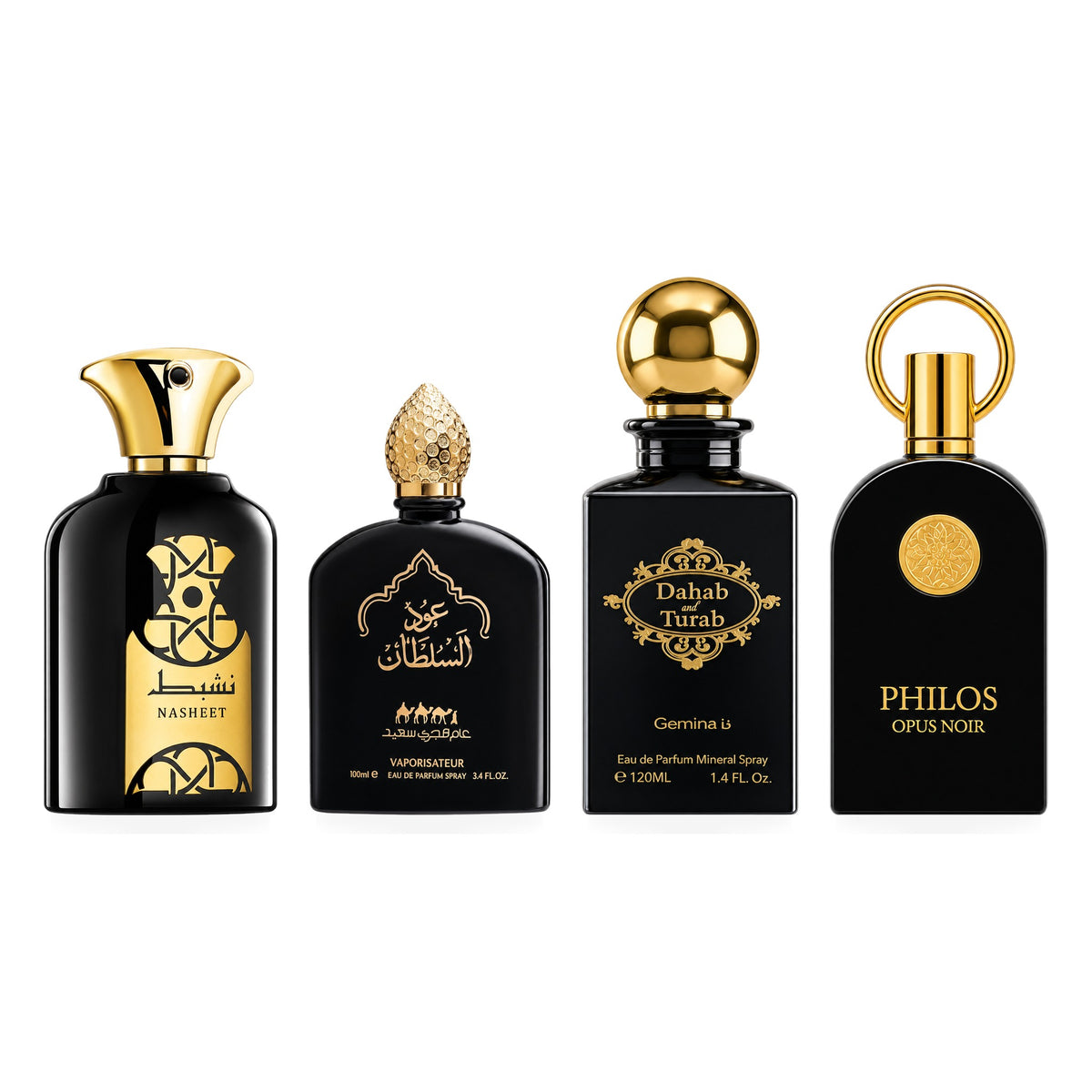 Set 4 Parfumuri Arăbești Bărbați – Nasheet, Oud Al Sultan, Dahab Al Turab & Philos Opus Noir (100 ml x 4)