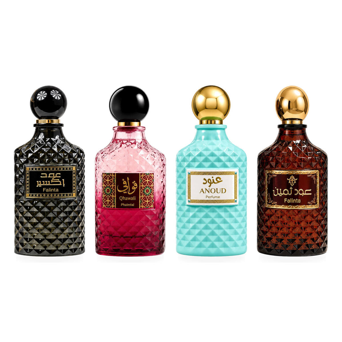 Set 4 Parfumuri Arăbești Bărbați + Damă – Oud Elixir, Qawafi, Anoud & Oud Thameen (100 ml x 4)