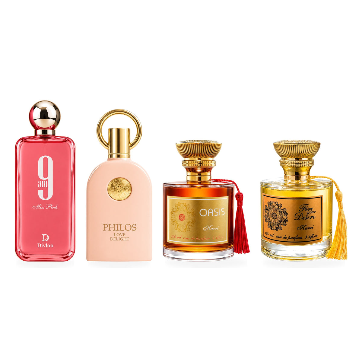 Set 4 Parfumuri Arăbești Damă – 9 am Miss Pink, Philos Love Delight, Oasis & Karri (100 ml x 4)