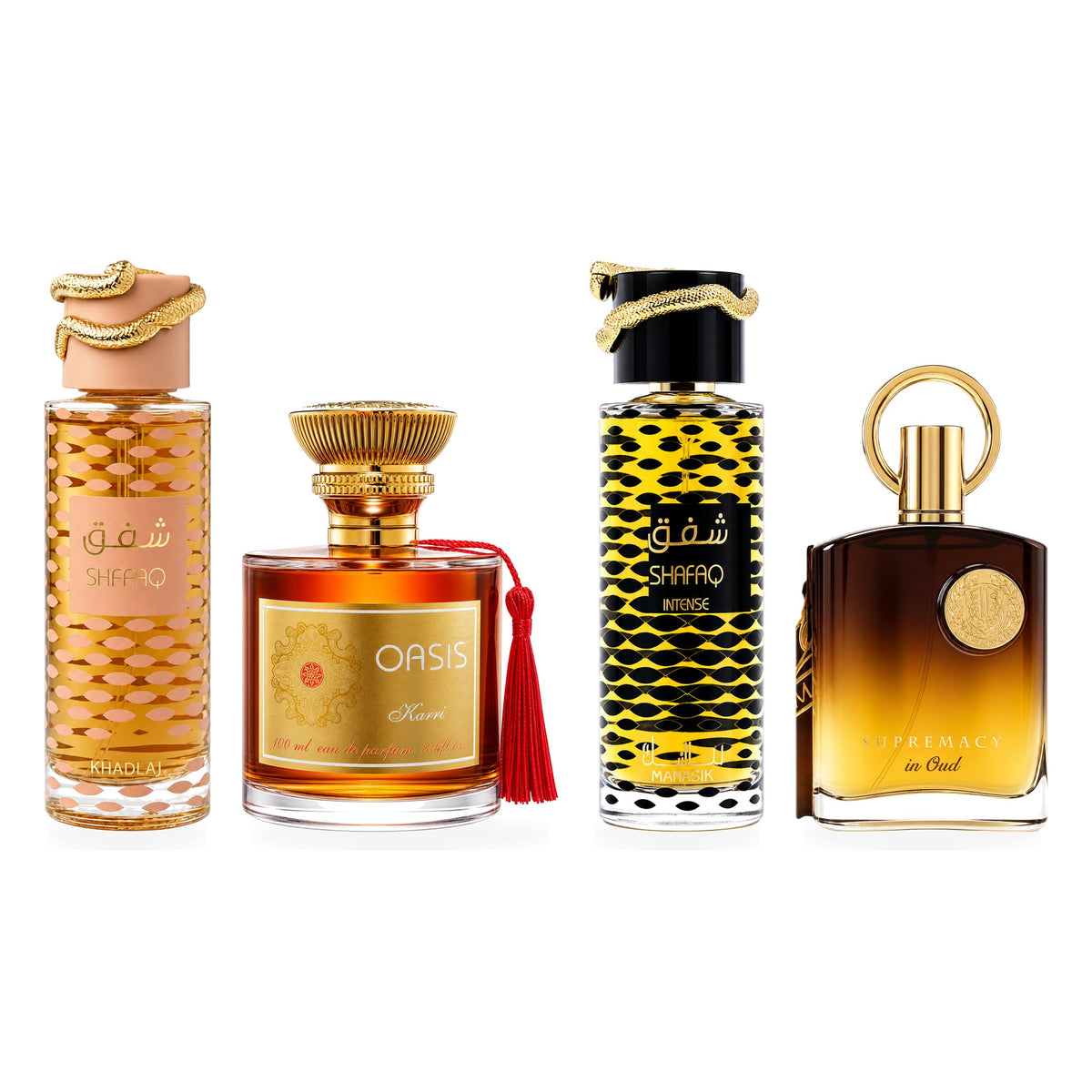 Set 4 Parfumuri Arăbești Bărbați + Damă – Shafaq, Oasis, Shafaq Intense & Supremacy in Oud (100 ml x 4)