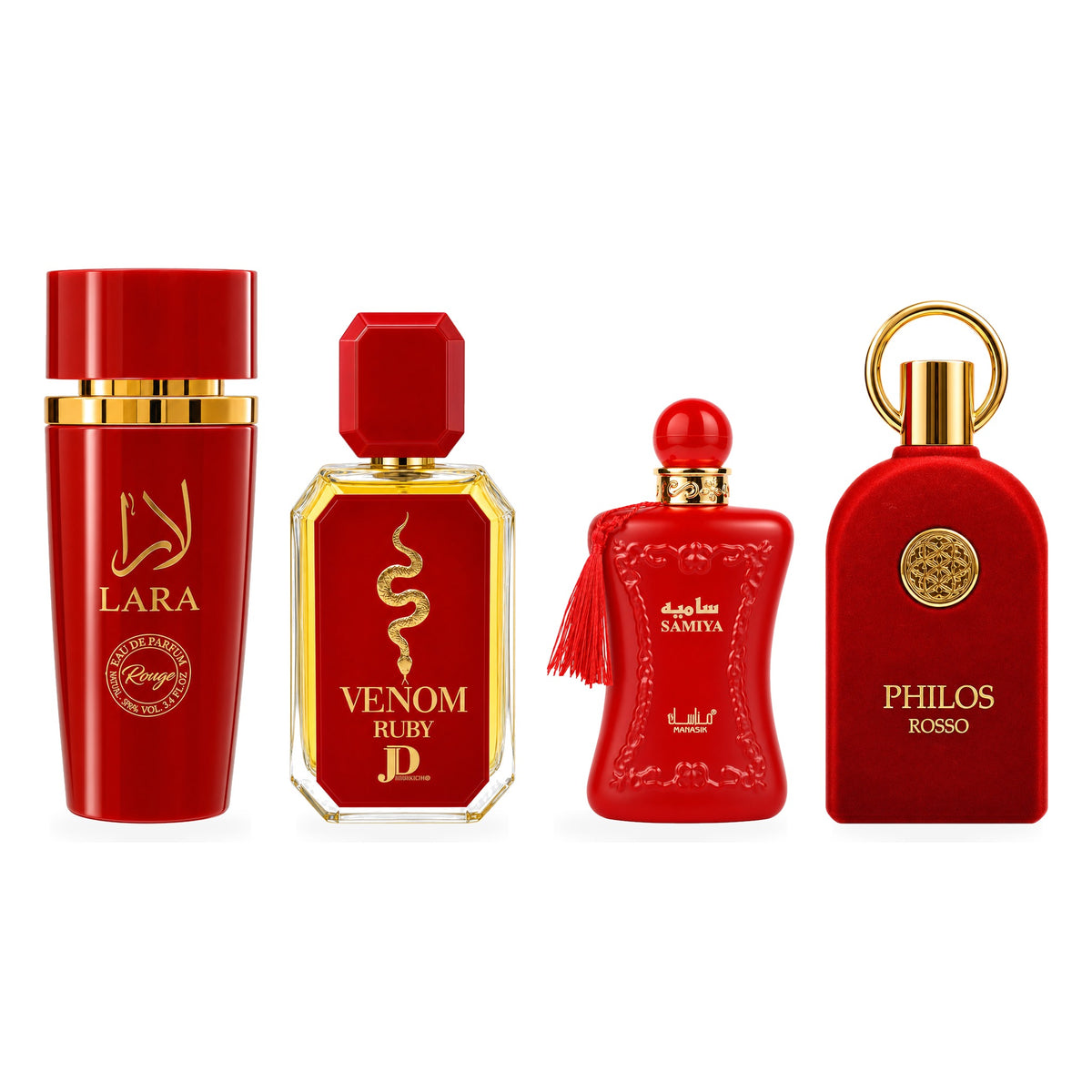 Set 4 Parfumuri Arăbești Damă – Lara Rouge, Venom Ruby, Samyia & Philos Rosso (100 ml x 4)