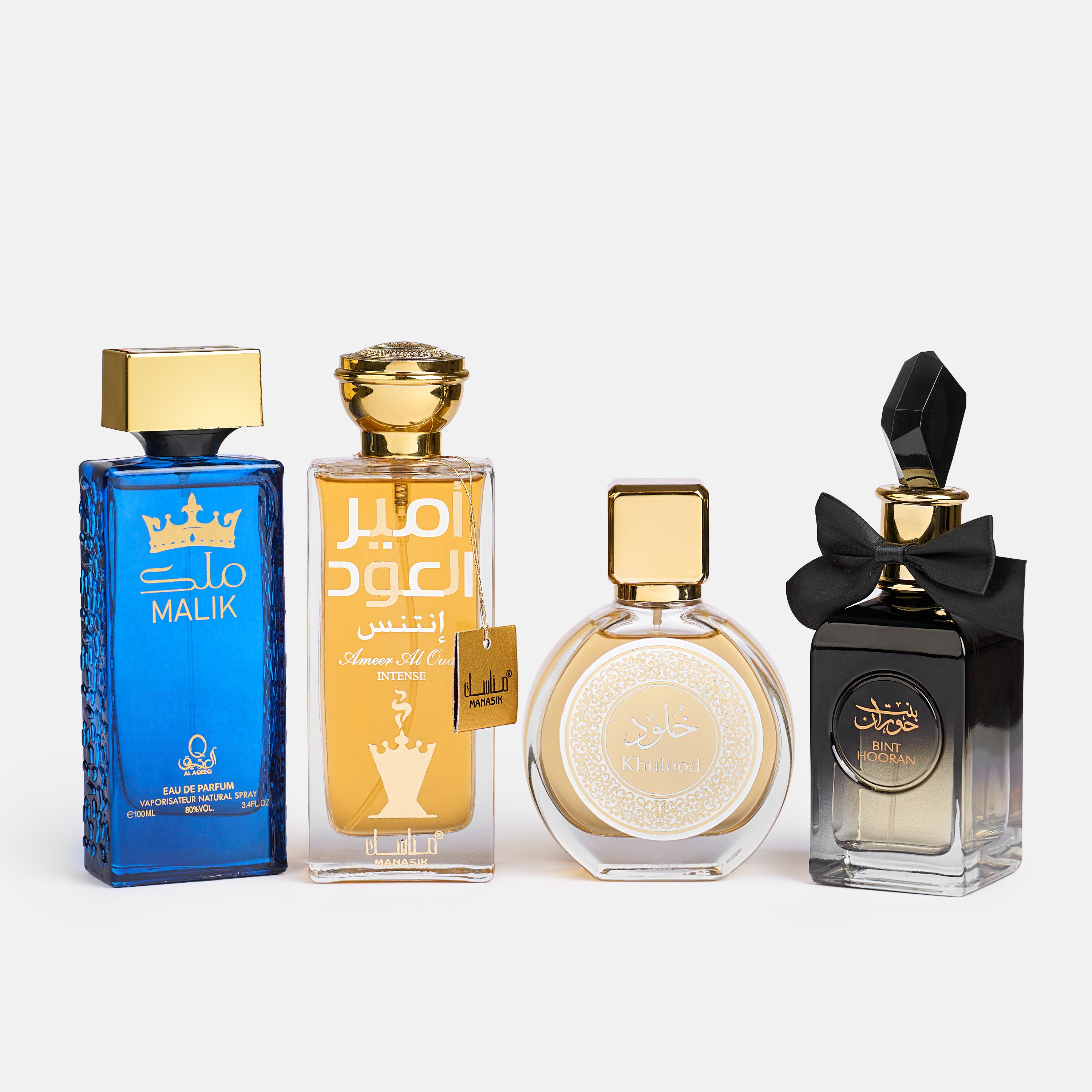 Set 4 Parfumuri Orientale Bărbat + Damă – Malik, Ameer Al Oudh Intense, Khulood & Bint Hooran (100 ml x 4)