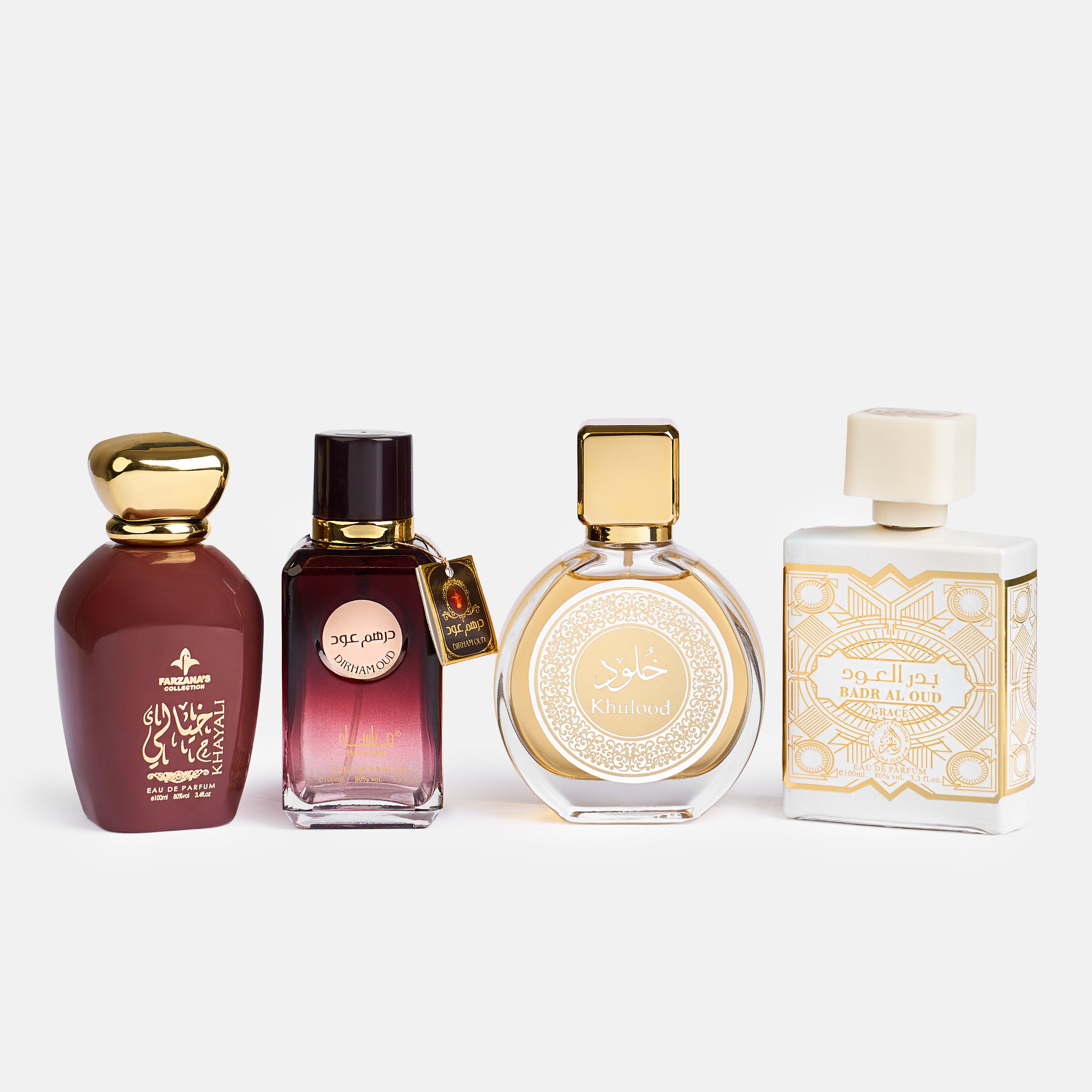 Set 4 Parfumuri Orientale Bărbat + Damă – Khayali, Dirham Oud, Khulood & Badr Al Oud Grace (100 ml x 4)