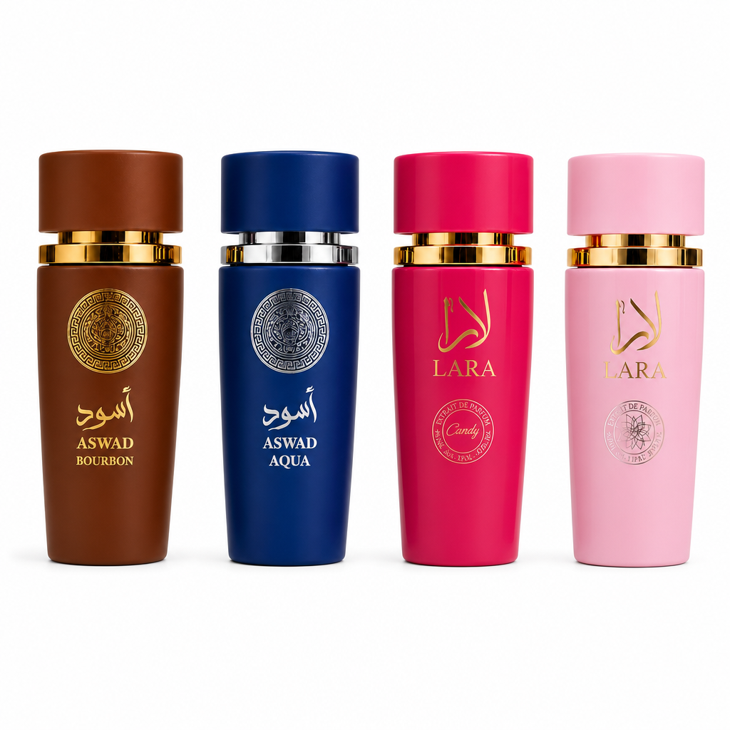 Set 4 Parfumuri Arăbești Bărbați + Damă – Aswad Bourbon, Aswad Aqua , Lara Pink & Lara Candy (100ml x 4)