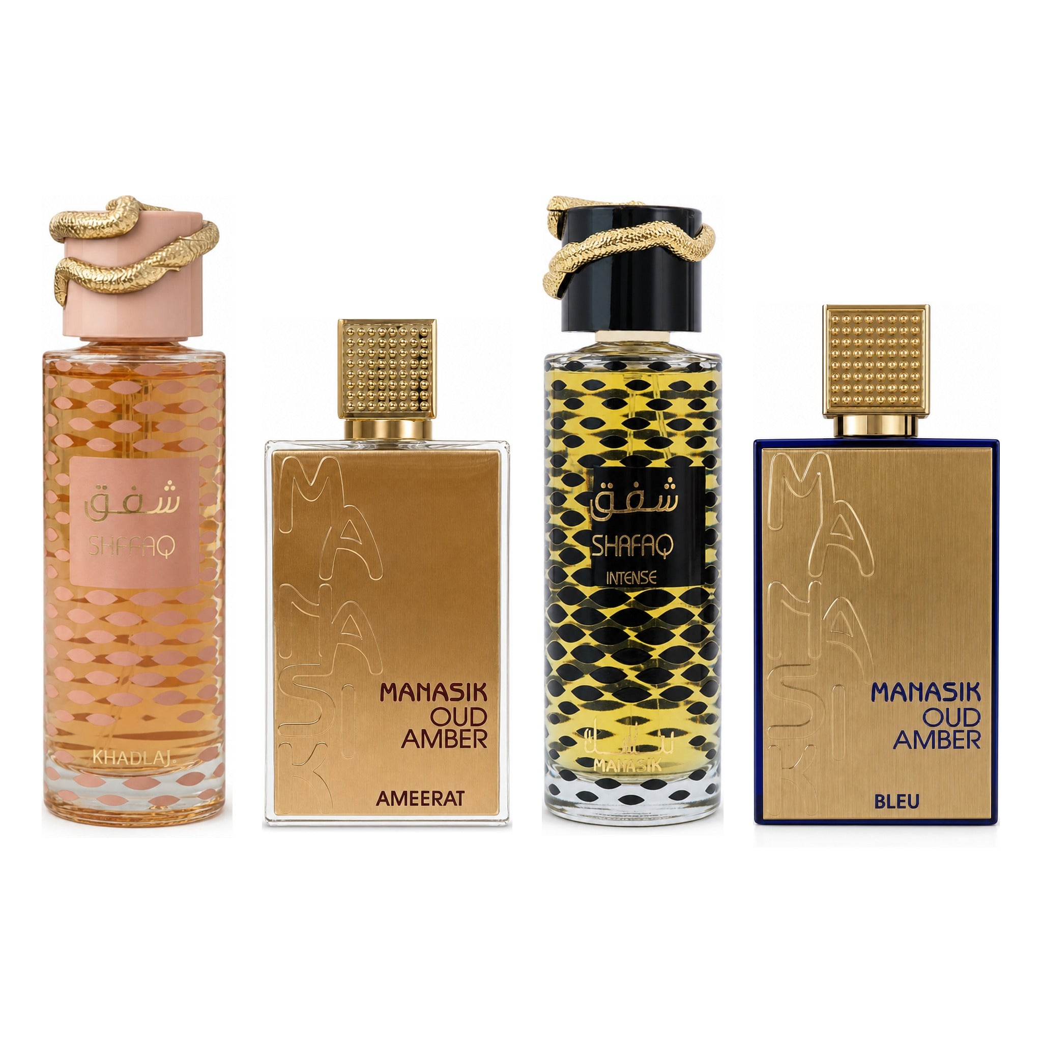 Set 4 Parfumuri Arăbești Bărbați + Damă – Shafaq, Manasik Oud Amber Ameerat, Shafaq Intense & Manasik Oud Amber Bleu (100 ml x 4)