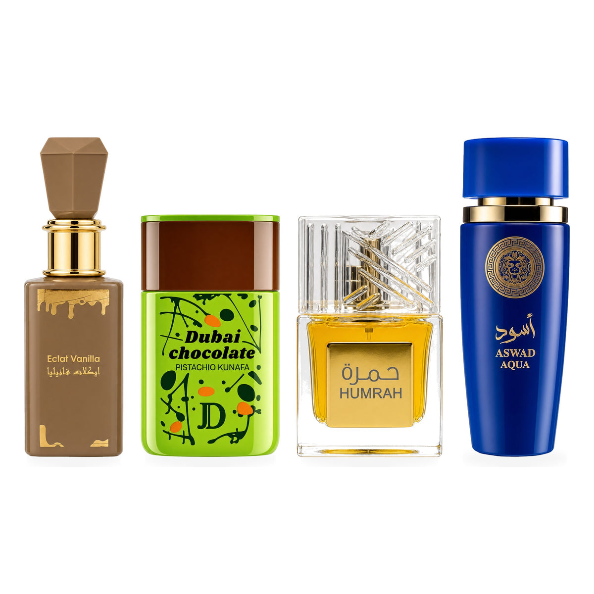 Set 4 Parfumuri Arăbești Bărbați + Damă – Eclat Vanilla, Dubai Chocolate, Humrah & Aswad Aqua (100 ml x 4)