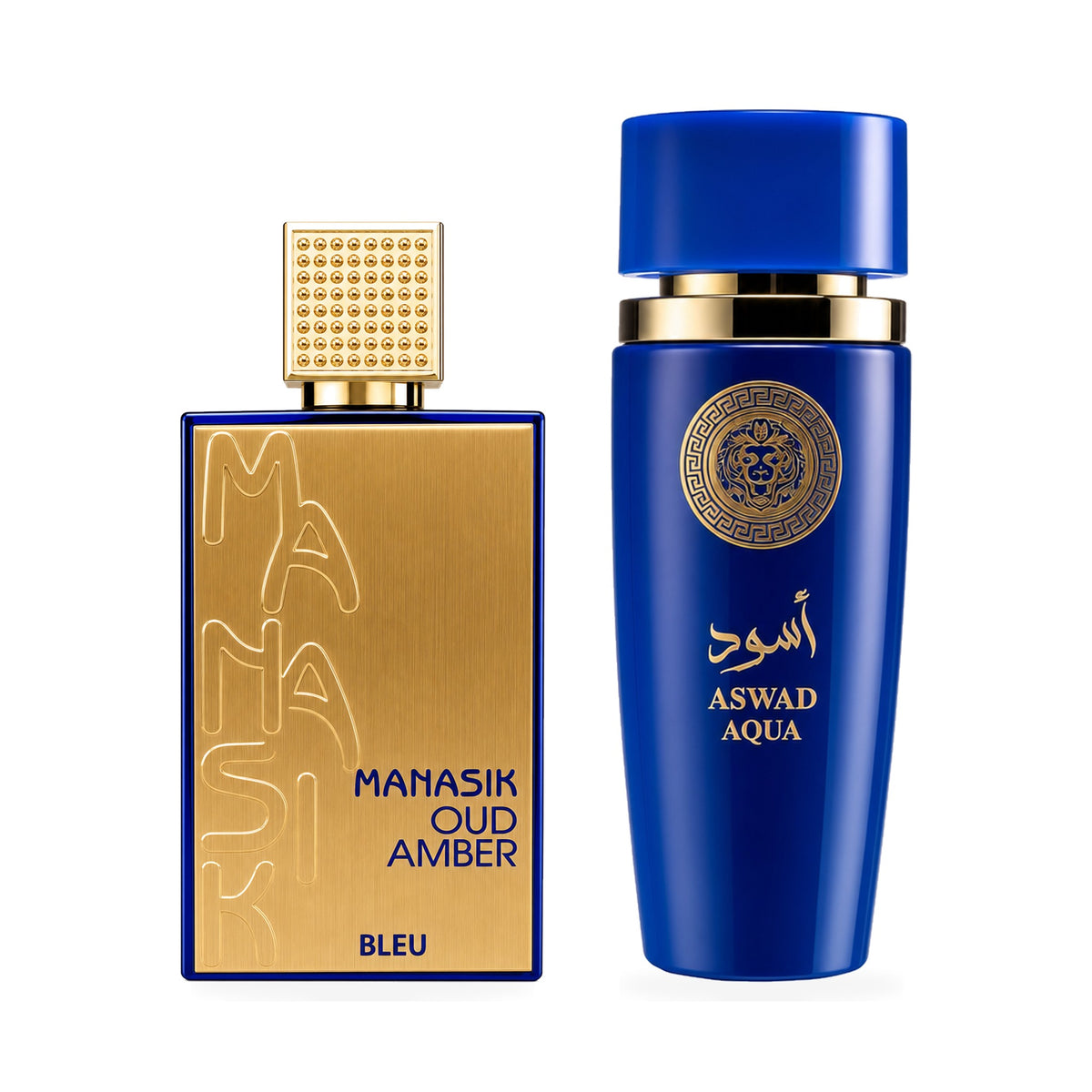 Set 2 Parfumuri Arăbești Bărbați – Manasik Oud Amber Bleu & Aswad Aqua (100 ml x 2)