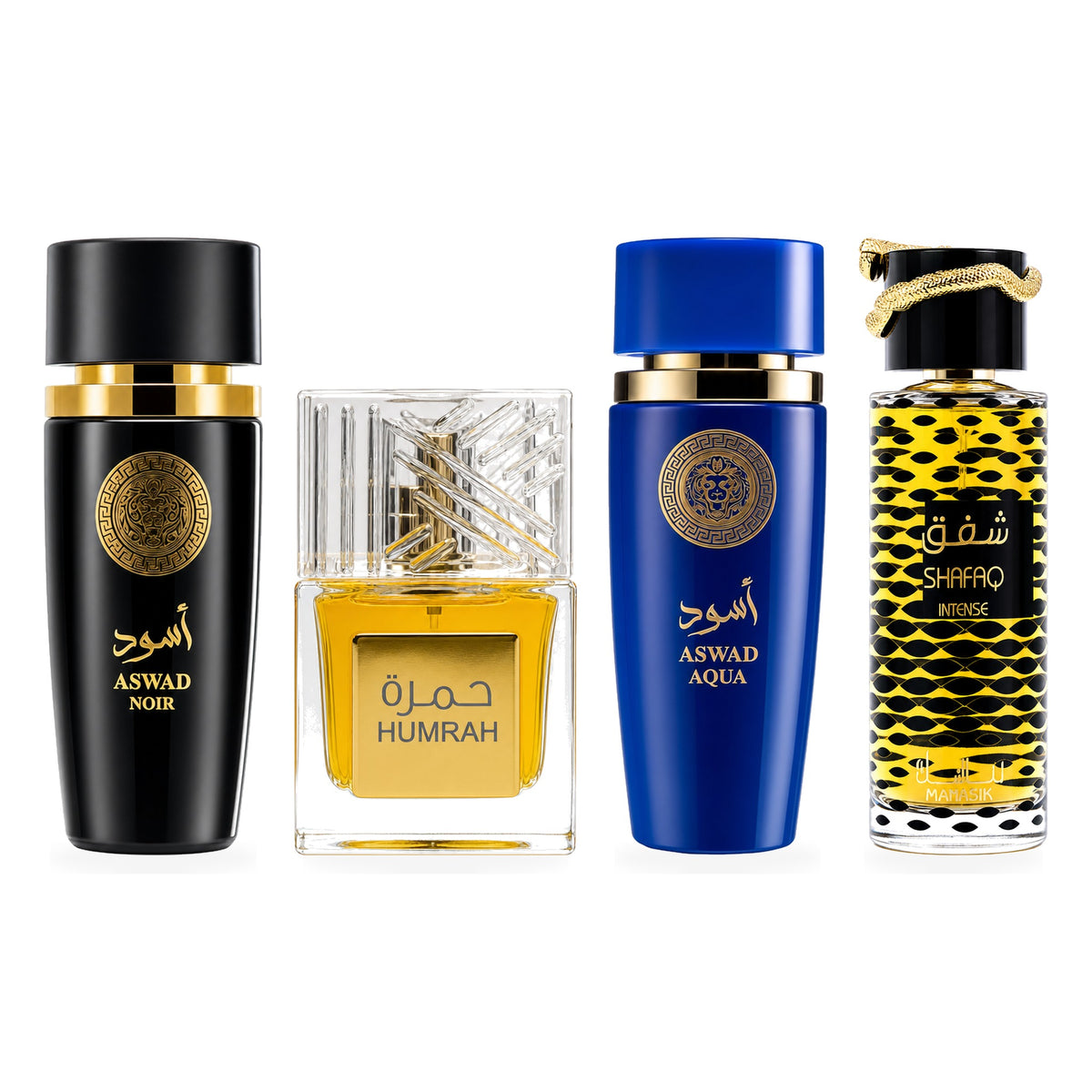 Set 4 Parfumuri Arăbești Bărbați - Aswad Noir, Humrah, Aswad Aqua & Shafaq Intense (100 ml x 4)