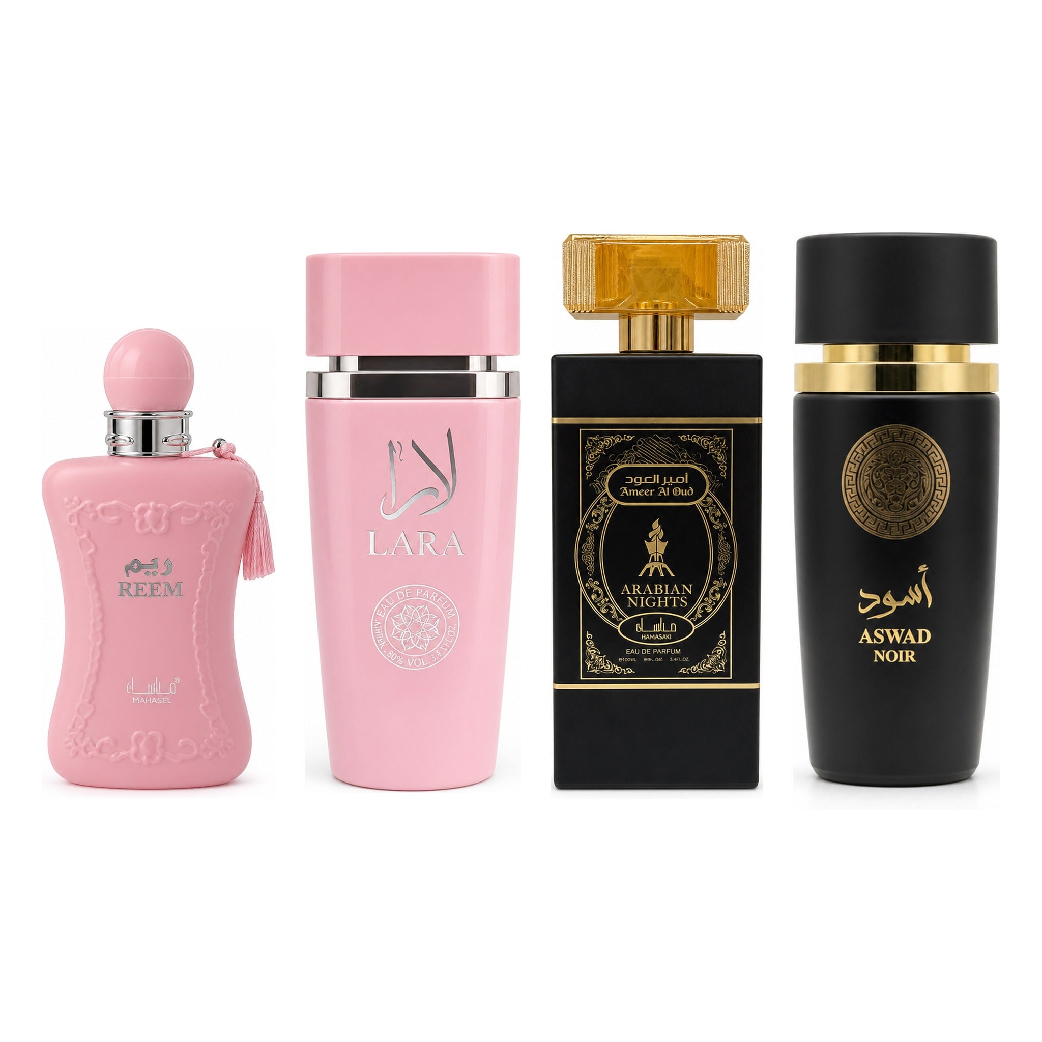 Set 4 Parfumuri Arăbești Bărbați + Damă – Reem, Lara Pink, Ameer Al Oud & Aswad Noir (100 ml x 4)