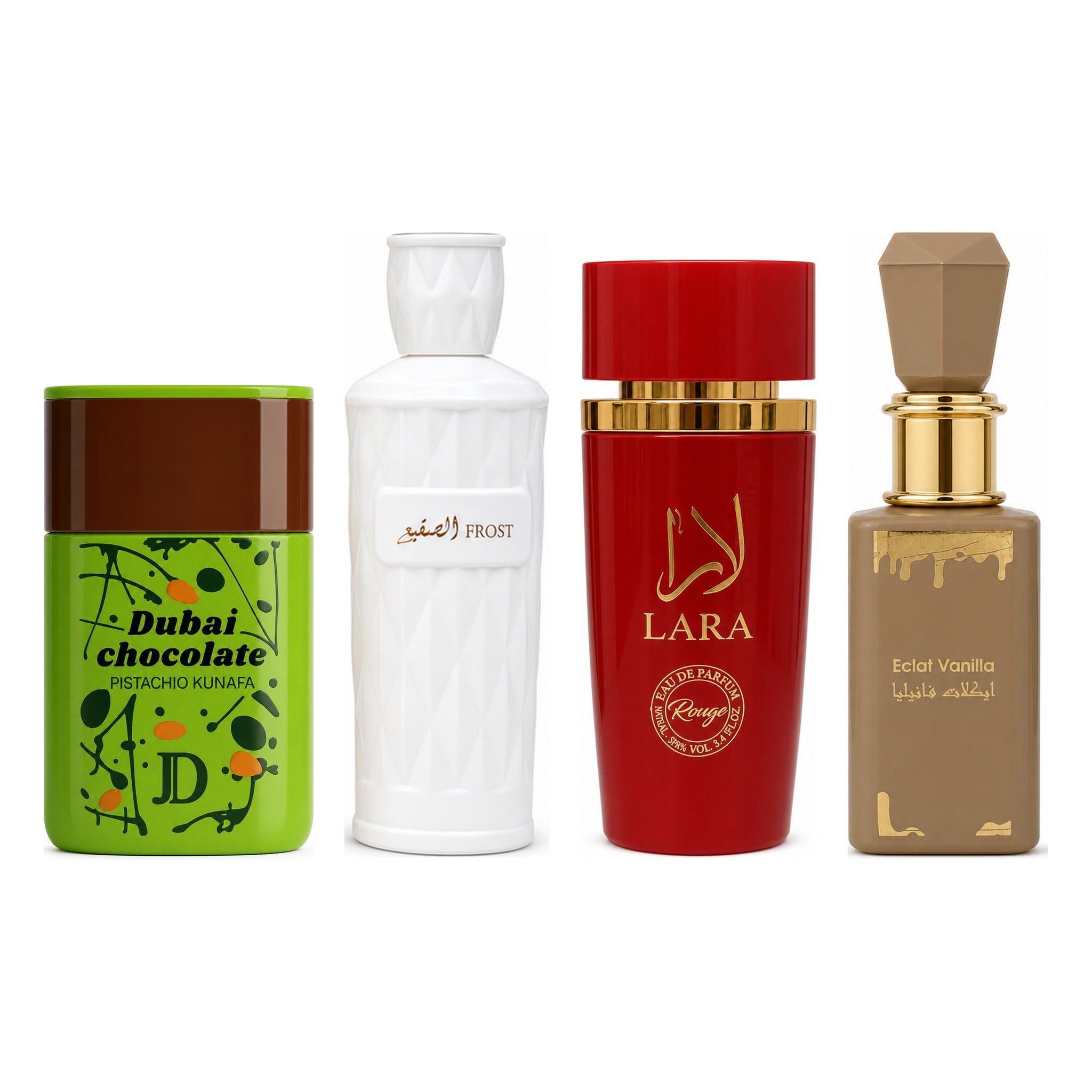 Set 4 Parfumuri Arăbești Damă – Dubai Chocolate, Frost, Lara Rouge & Eclat Vanilla (100 ml x 4)