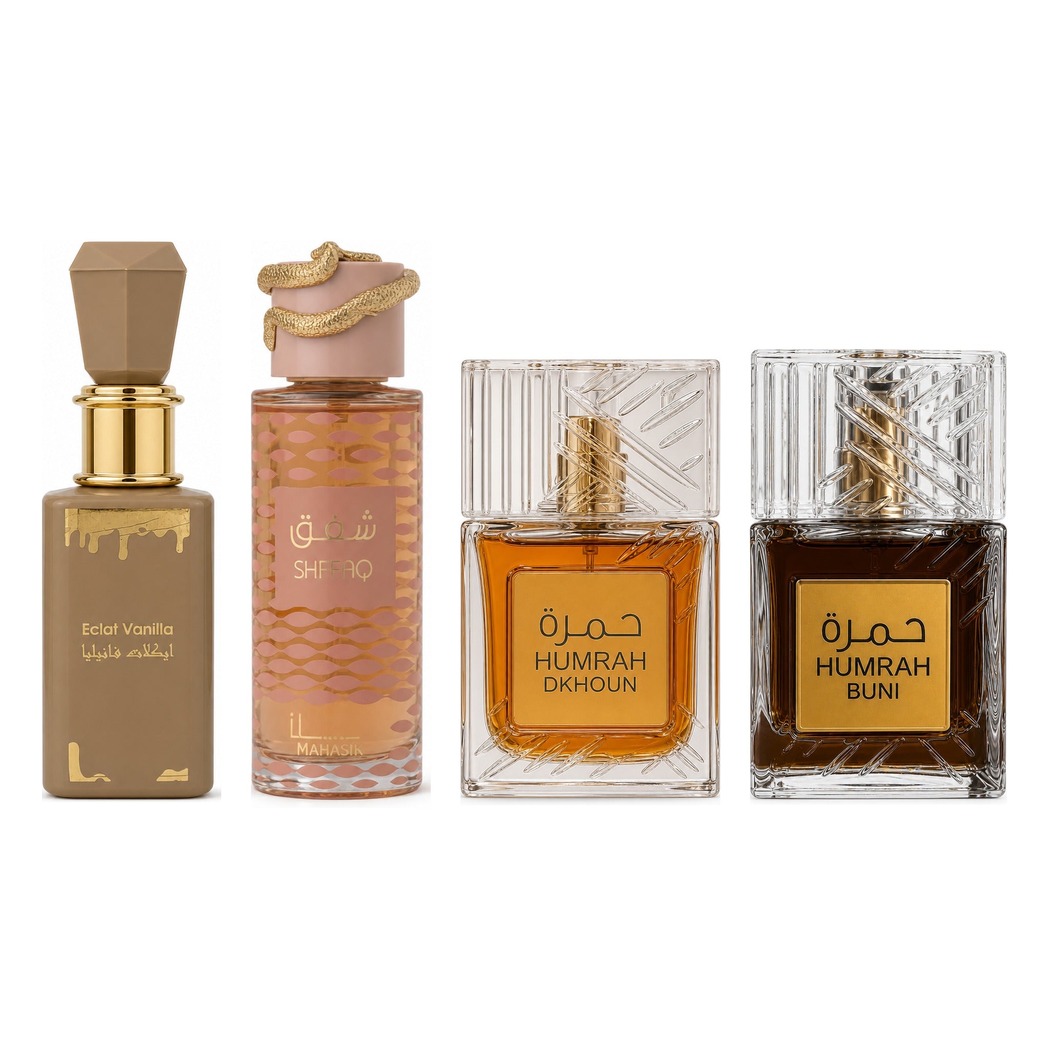 Set 4 Parfumuri Arăbești Bărbați + Damă – Eclat Vanilla, Shafaq, Humrah Dkhoun & Humrah Buni (100 ml x 4)