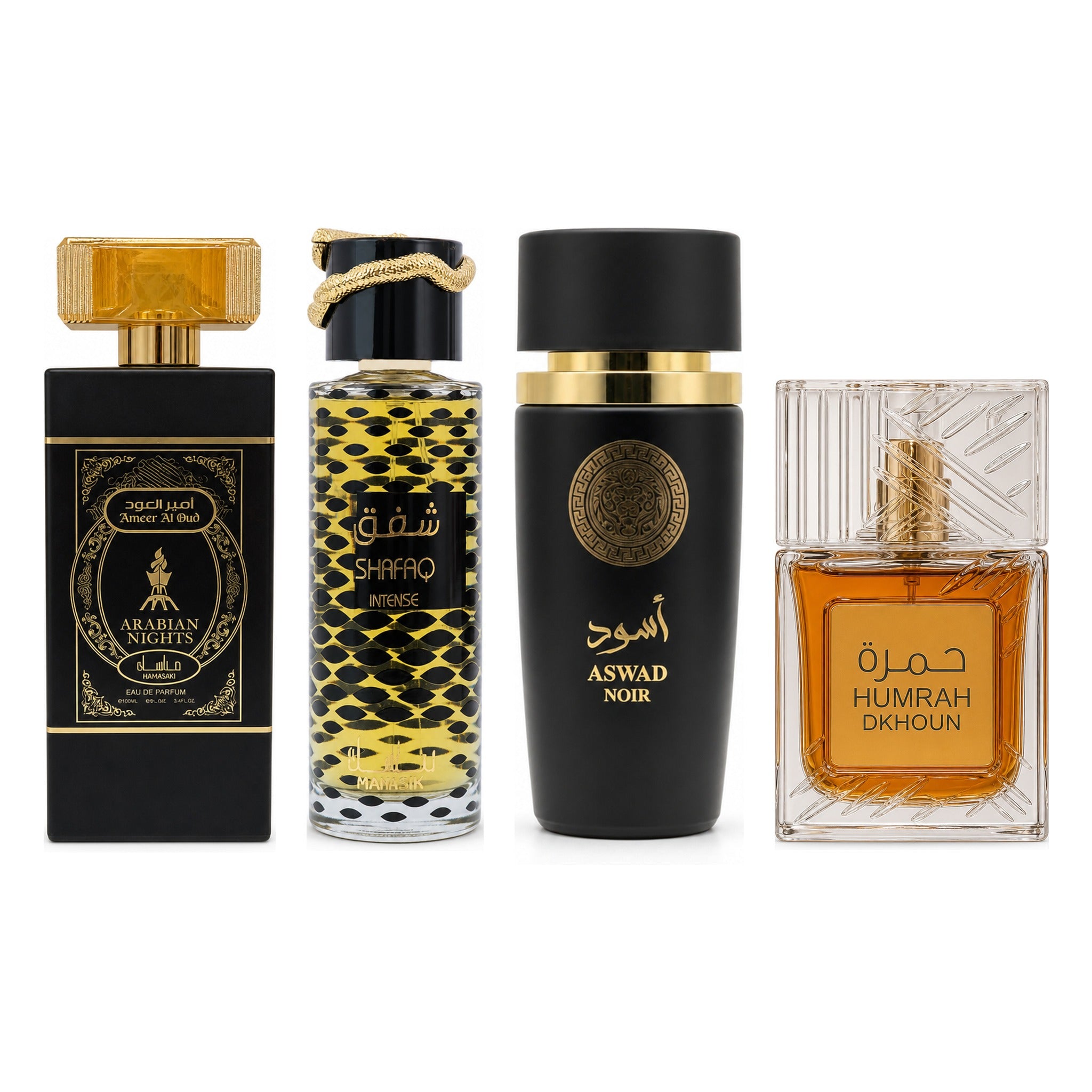 Set 4 Parfumuri Arăbești Bărbați – Ameer Al Oud, Shafaq Intense, Aswad Noir & Humrah Dkhoun (100 ml x 4)