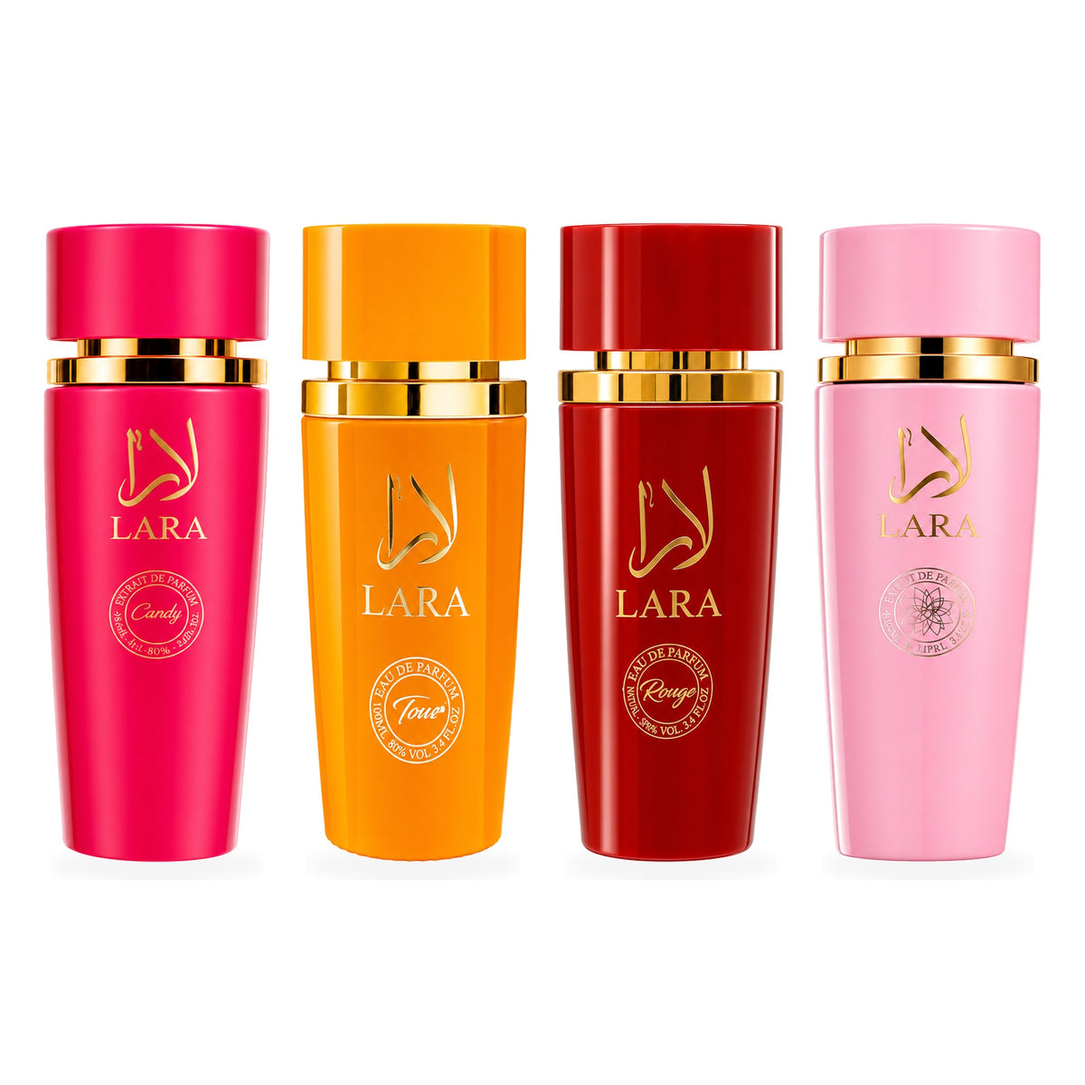 Set 4 Parfumuri Arăbești Damă – Lara Candy, Lara Tous, Lara Rouge & Lara Pink (100 ml x 4)
