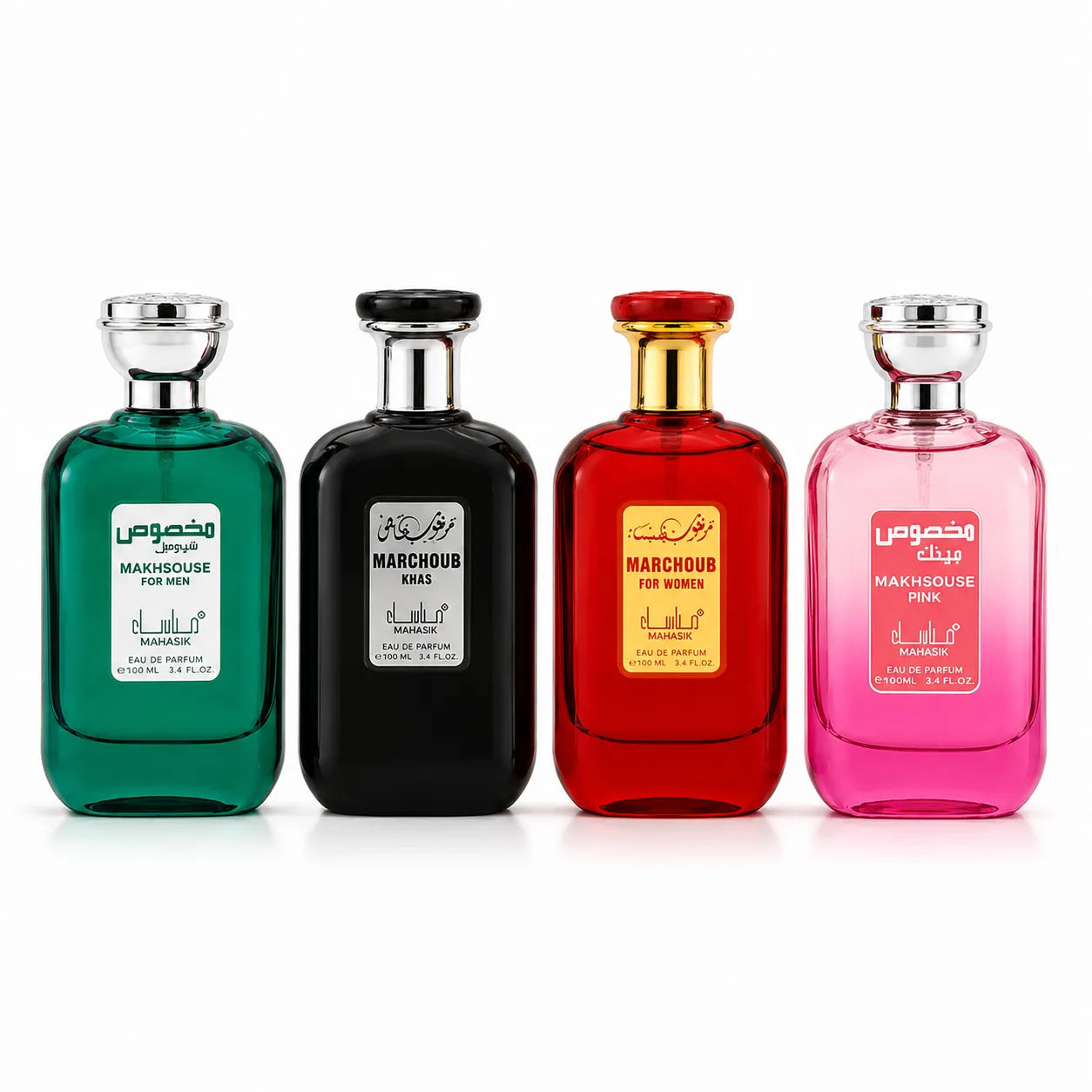 Set 4 Parfumuri Orientale Bărbați + Damă – Makhsouse For Men + Marghoub Khas + Marghoub For Women + Makhsouse Pink (100 ml x 4)