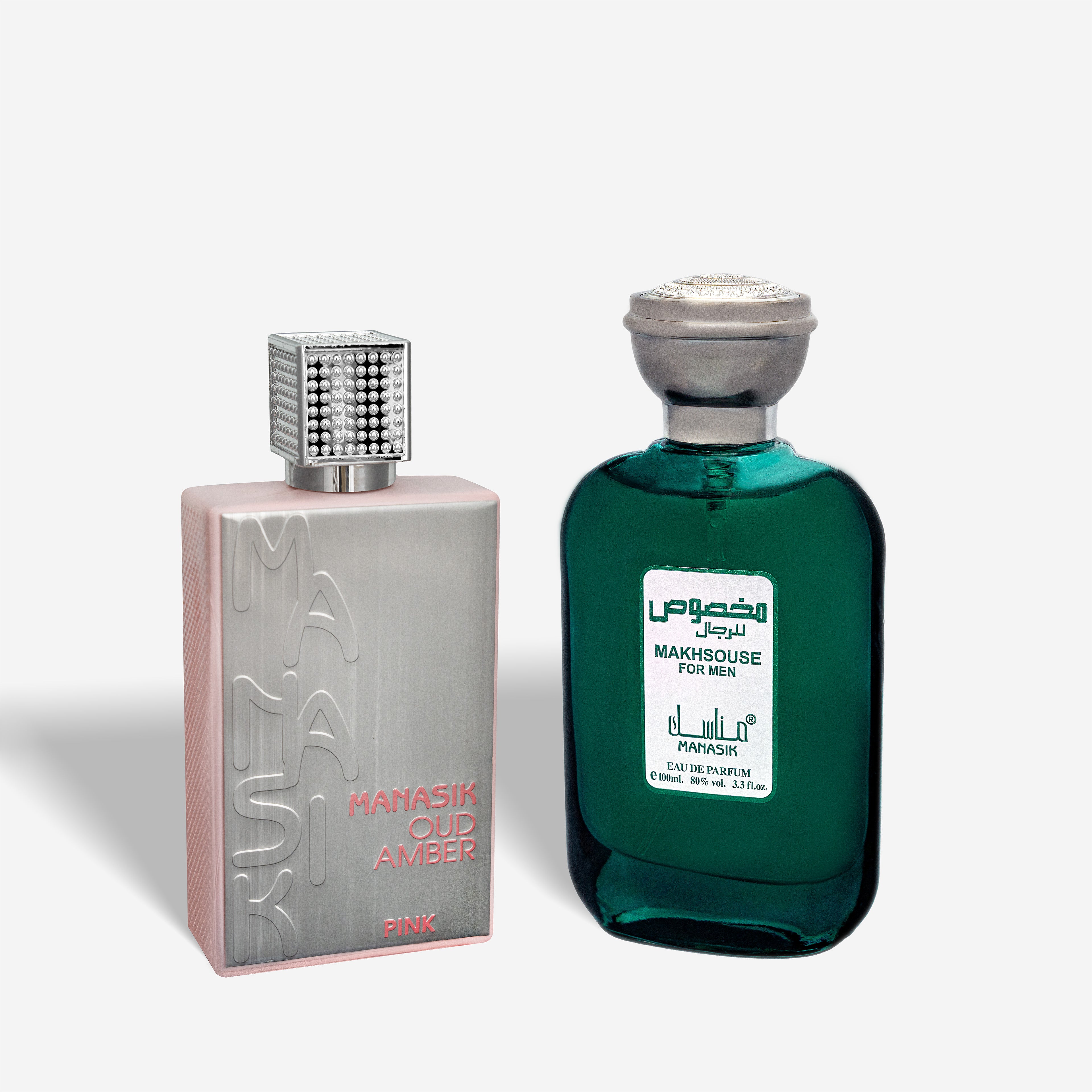 Set 2 Parfumuri Orientale – Bărbat + Damă – Manasik Oud Amber Pink & Makhsouse For Men (100 ml x 2)
