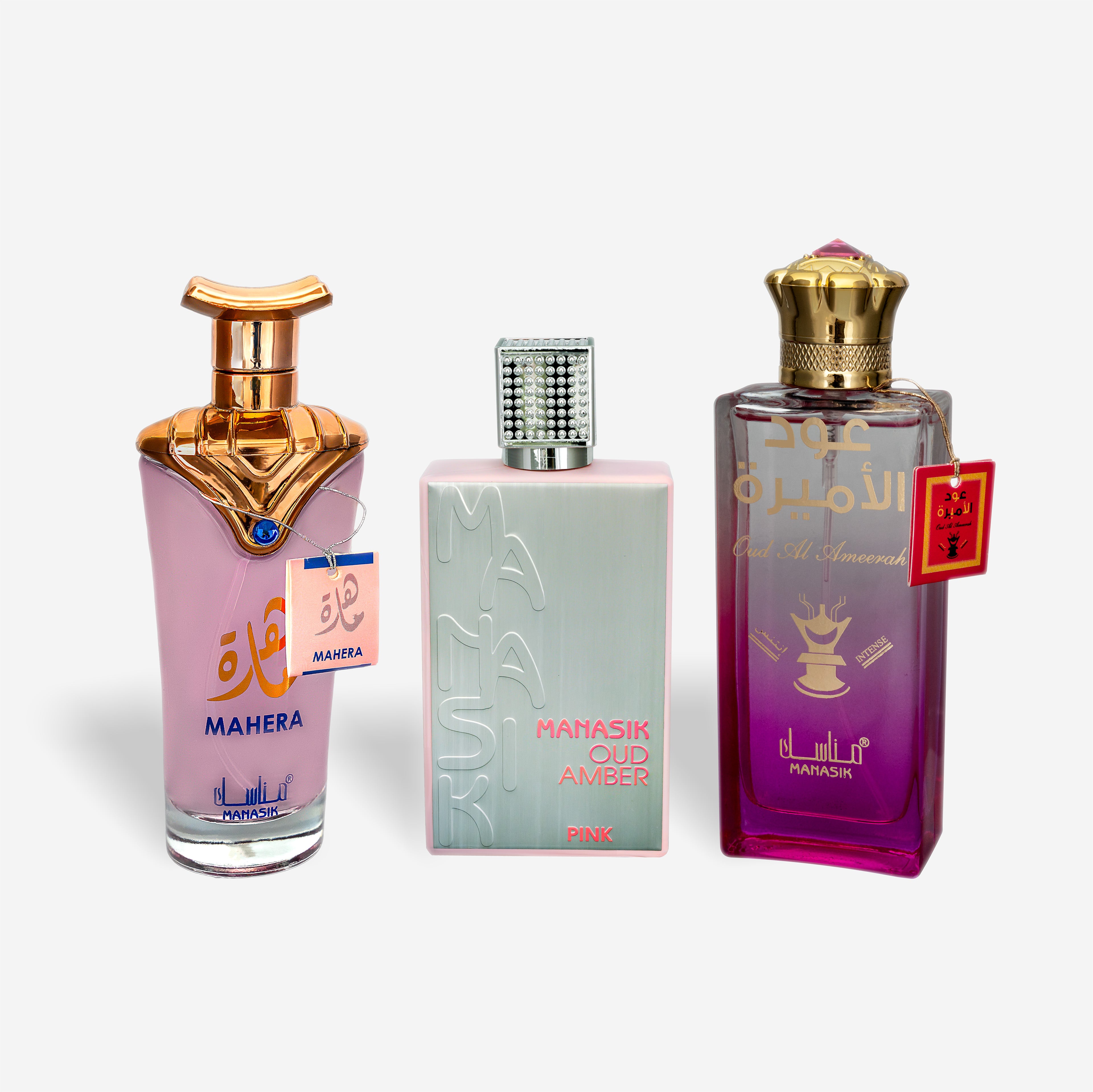 Set 3 Parfumuri Orientale Damă – Mahera, Manasik Oud Amber Pink & Oud Al Ameerah (100 ml x 3)