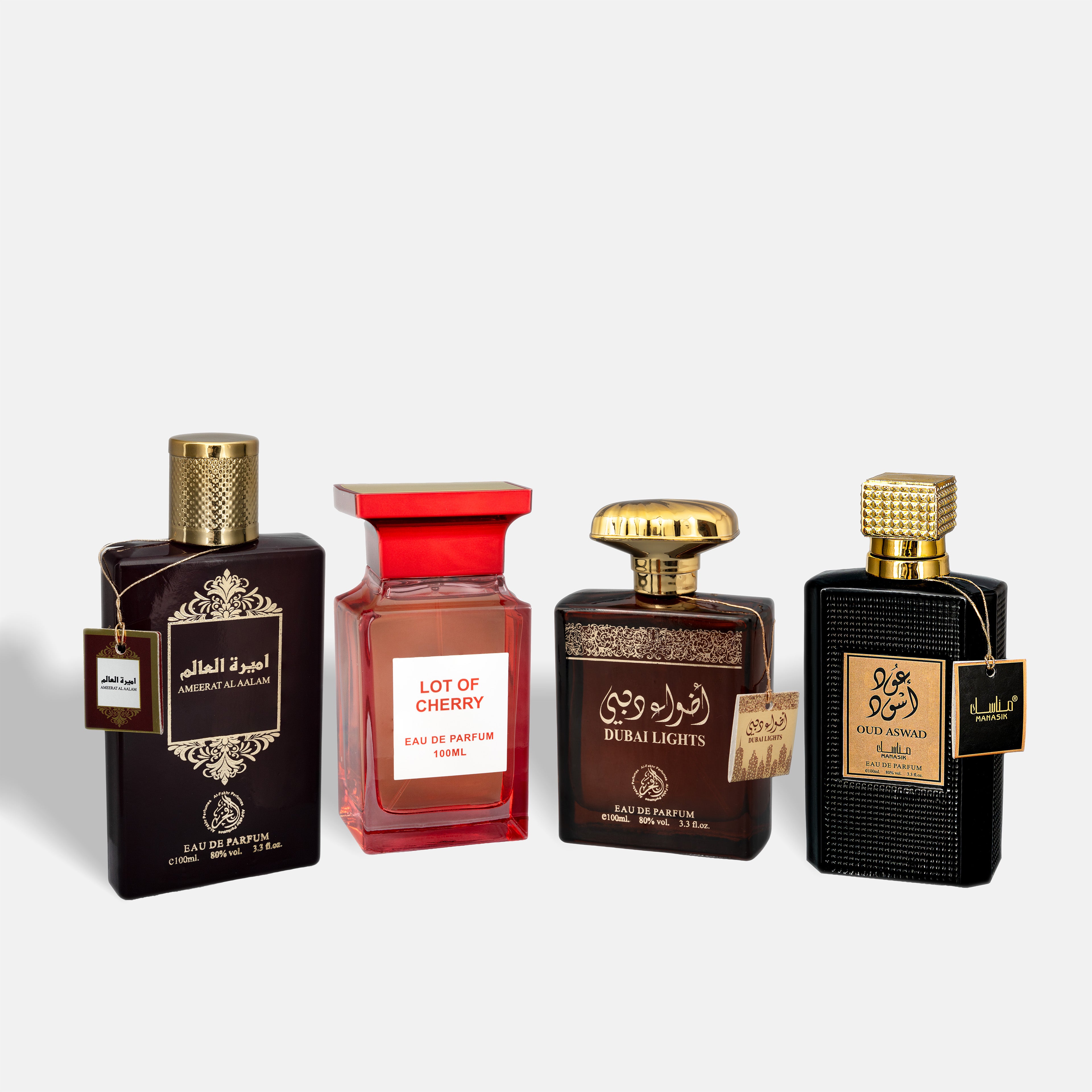 Set 4 Parfumuri Orientale – 2 Damă + 2 Bărbați – Ameerat Al Aalam, Lot of Cherry, Dubai Lights & Oud Aswad (100 ml x 4)