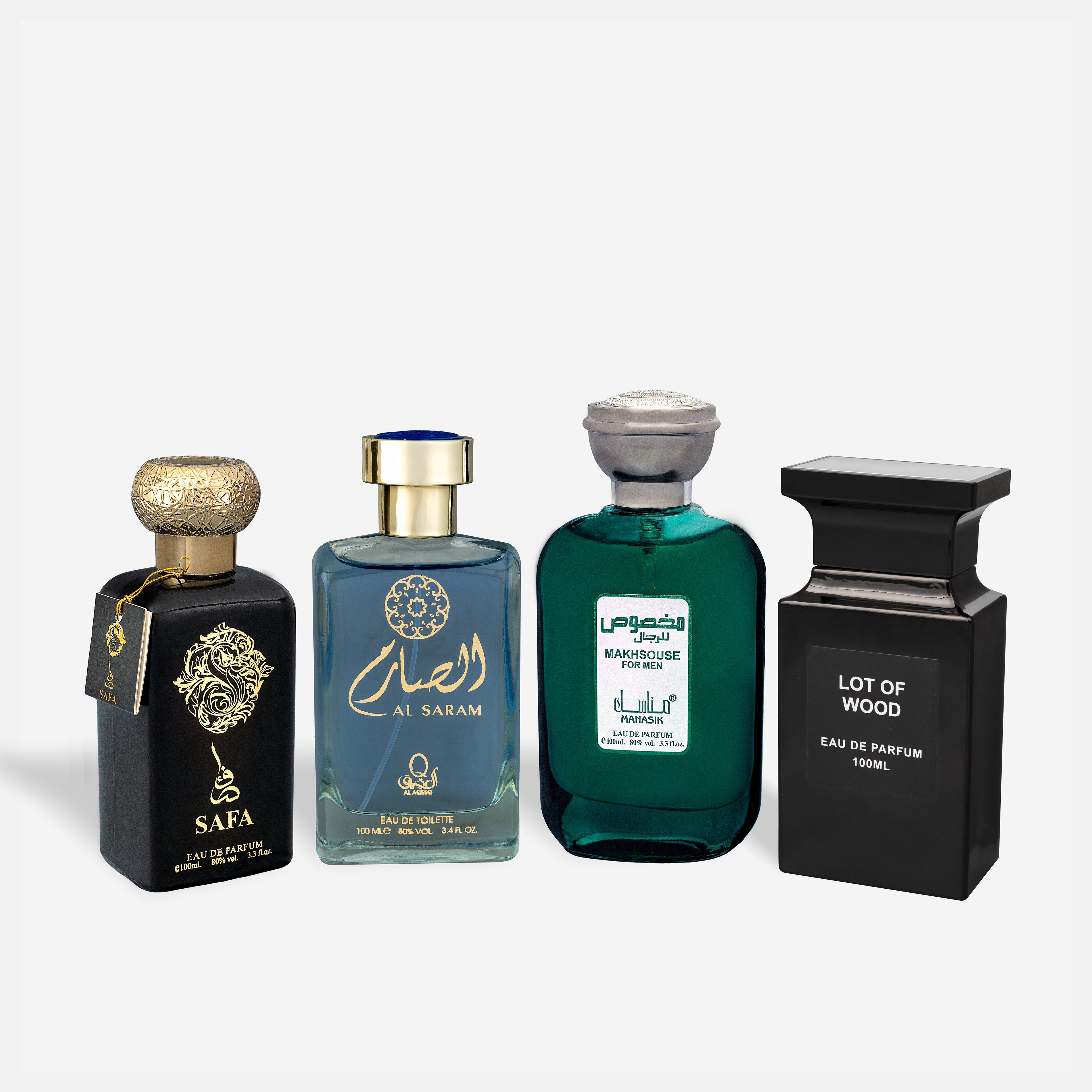 Set 4 Parfumuri Orientale Bărbați – Safa, Al Saram, Makhsouse For Men & Lot of Wood (100 ml x 4)