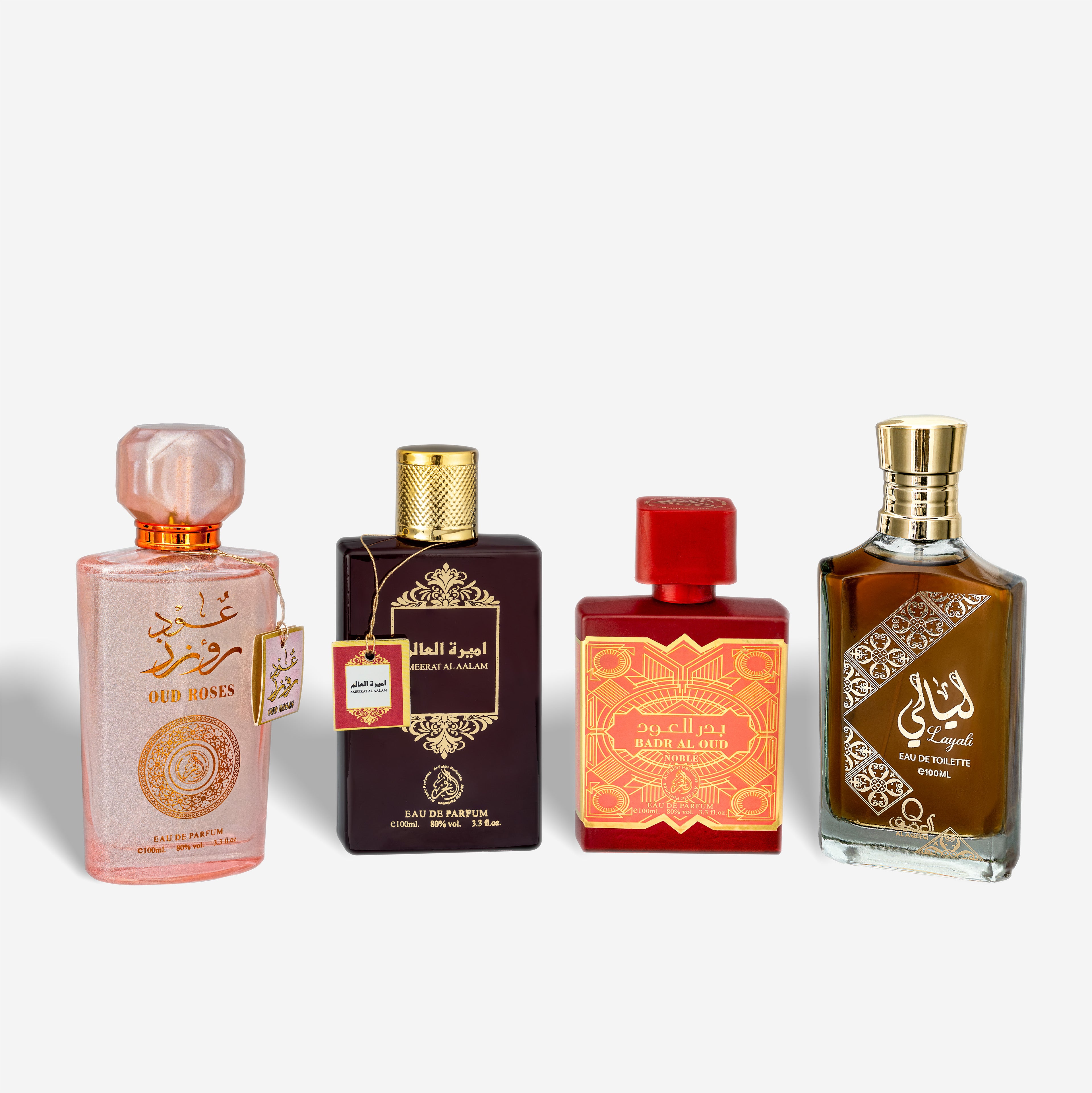 Set 4 Parfumuri Orientale Damă – Oud Roses, Ameerat Al Aalam, Badr Al Oud & Layali (100 ml x 4)