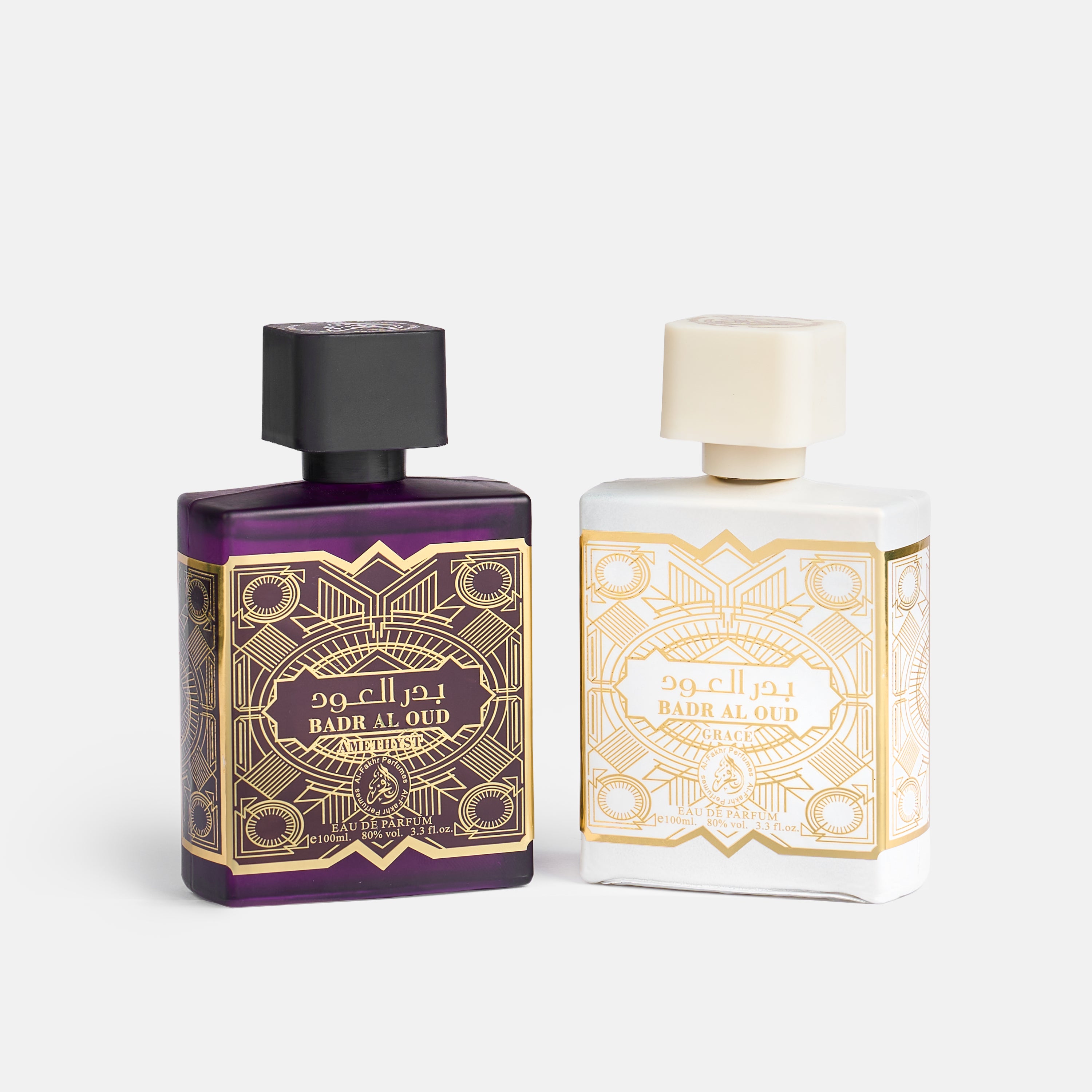 Set 2 Parfumuri Orientale Bărbat + Damă – Badr Al Oud Amethyst & Badr Al Oud Grace (100 ml x 2)