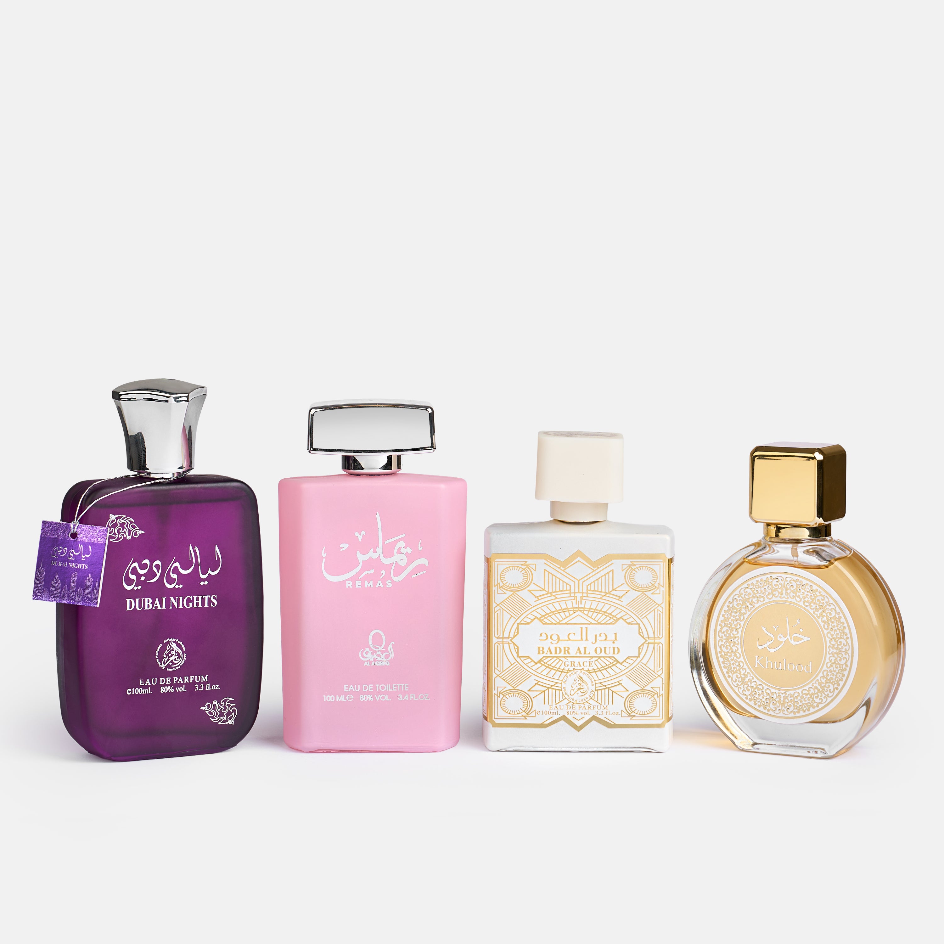 Set 4 Parfumuri Orientale Damă – Dubai Nights, Remas, Badr Al Oud Grace & Khulood (100 ml x 4)